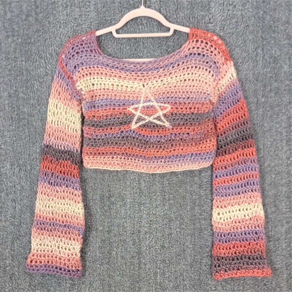 Handmade Crochet Cropped Sweater Womens XS Striped Bell Sleeve Star Boho Knit